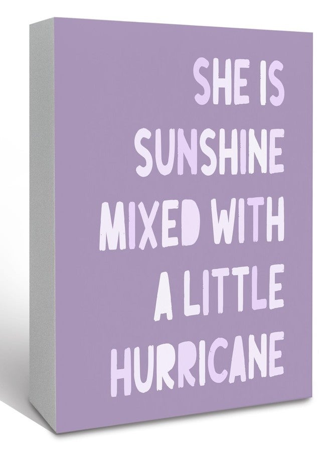 KFXHANGD Purple Inspirational Wooden Box Sign Desk Decor, Purple Room She Is Sunshine Mixed with a Little Hurricane Signfor Nursery Girls Bedroom, Purple Positive Shelf Desk Decor 5x5In - Image 1